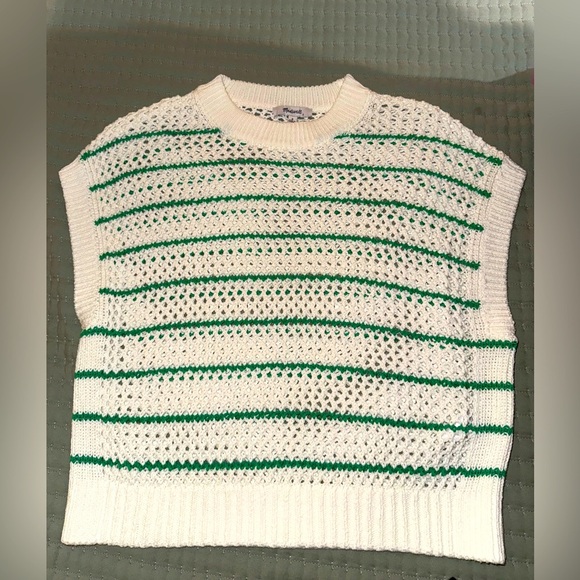 Madewell Crew Neck Open-Stitch Sweater Tee in Green Stripe. Size Small. NWT - Picture 3 of 16
